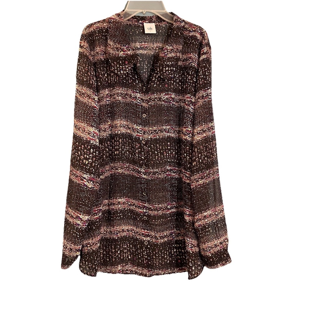 CAbi‎ Womens Paris Blouse, Size L, Large, Black Multi Color Print, Sheer
